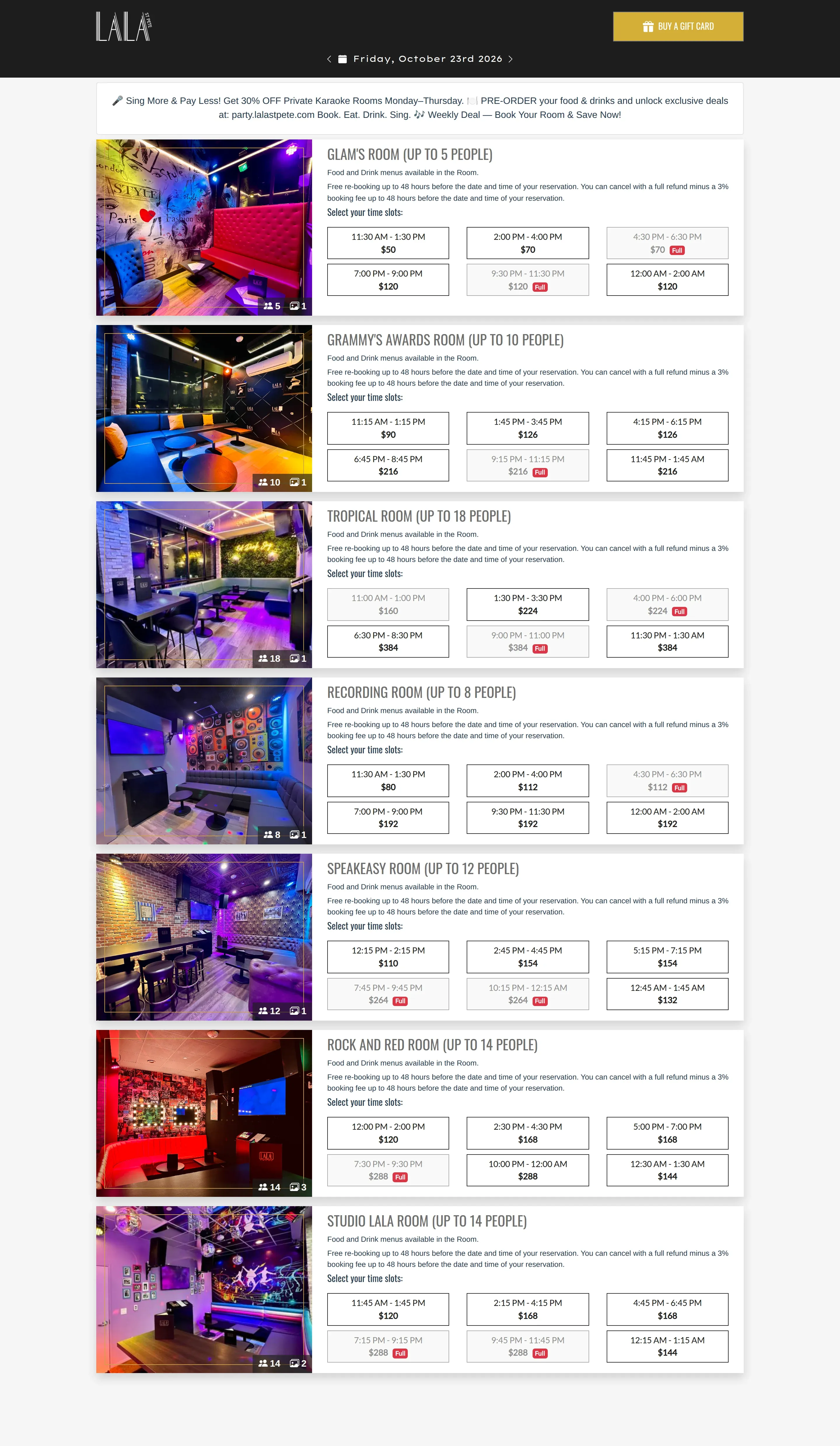 The LALA St. Pete booking page: karaoke rooms with their open time slots and prices
