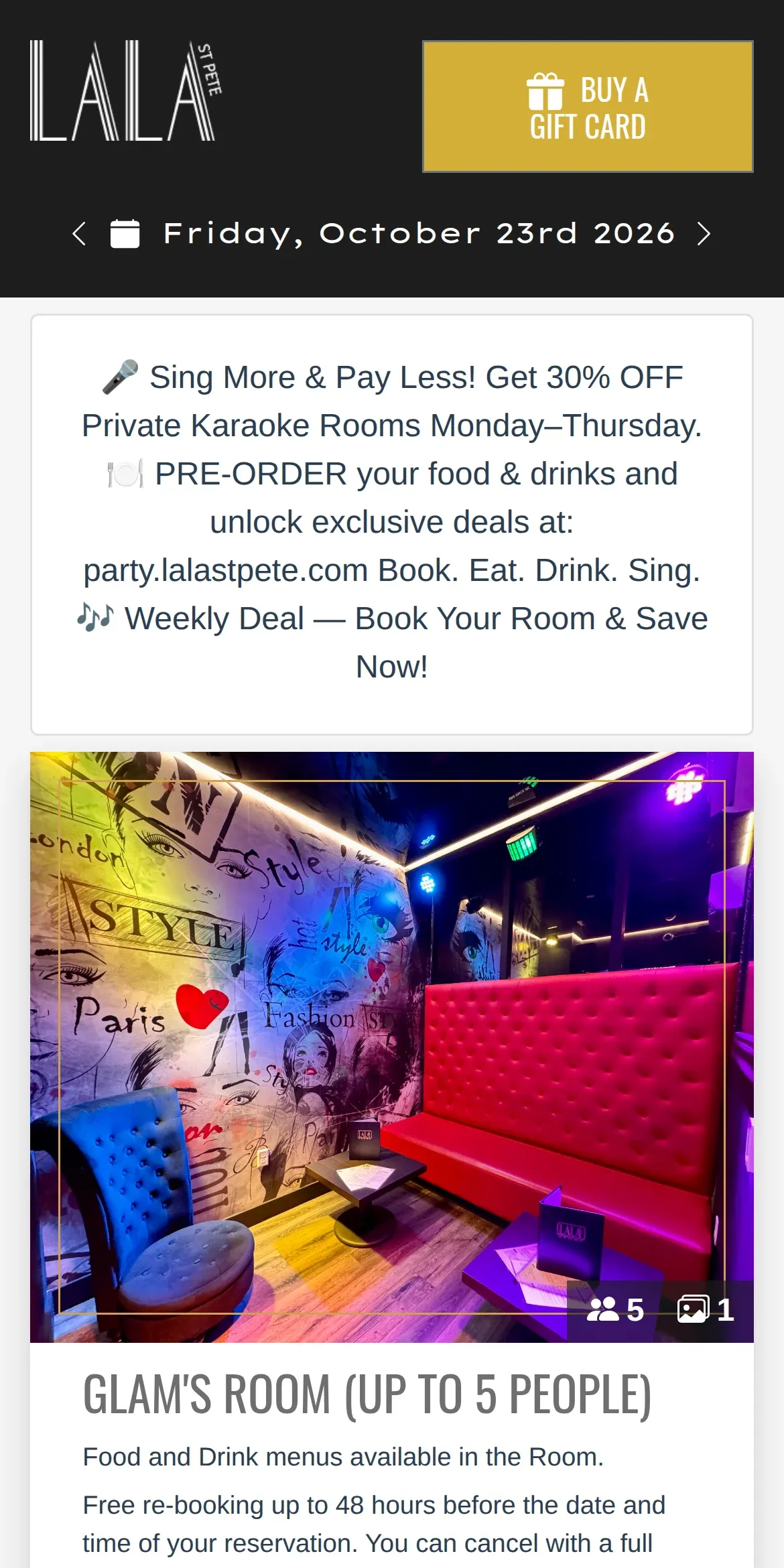 The LALA booking page on a phone, opening on today’s date and the first room
