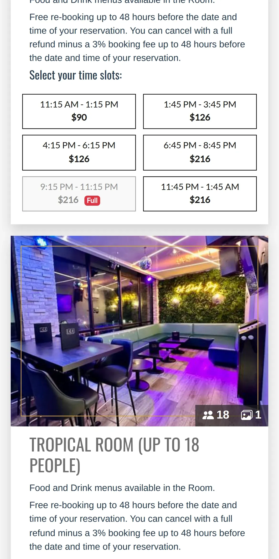 A room on the LALA booking page on a phone: the Tropical Room, for up to 18 people