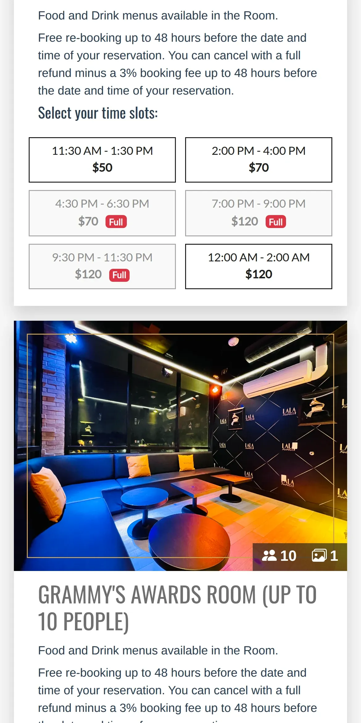 Time slots for a LALA room, with prices, and the full ones greyed out